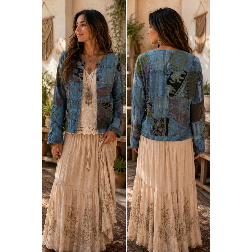 Boho Patchwork Puffy Soft Artsy Sacred Threads Blue Cotton Ligthweight S Jacket
